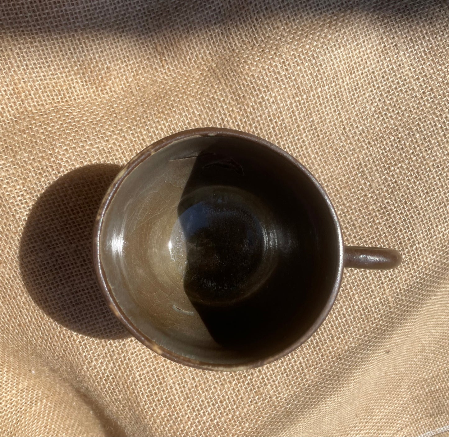 Question Mug in brown, Japanese raku-like style, handmade ceramics