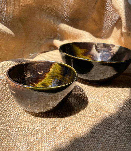 Bowl in dark green, Japanese ruku style, smooth and rough surface