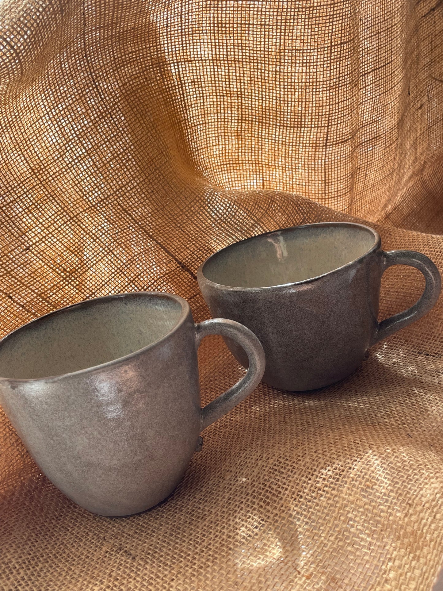 Question Mug in grey and white with light blue pattern, handmade ceramics