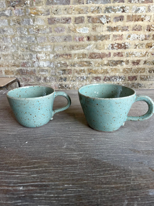 Question Mug in green, slightly grogged, handmade ceramics
